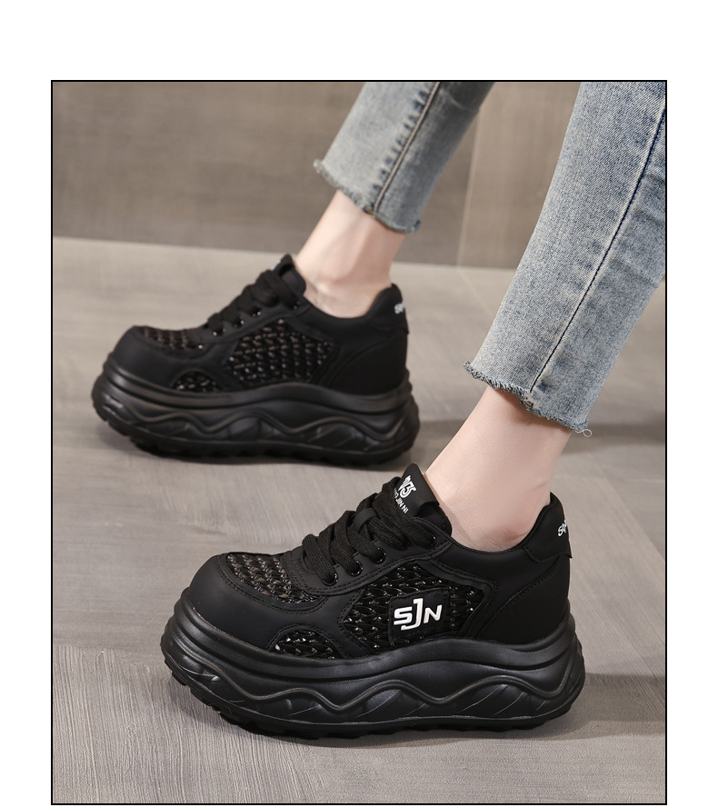 Giày sneaker nữ đế dày tăng chiều cao, thiết kế rỗng thoáng khí, phối trắng cơ bản — màu đen chi tiết 14