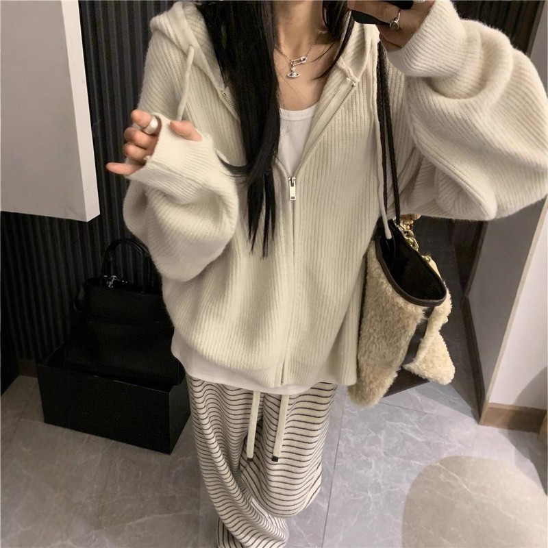 韩系连帽拉链毛衣女秋冬2025新款内搭慵懒高级感针织开衫卫衣外套|undefined