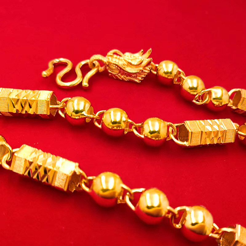 10mm Men's Dragon Head Necklace, Vietnamese Sand Gold Plated Tin, Domineering Hexagonal Bead Chain With Carved Patterns,_voghion.com