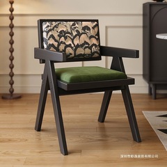 实木餐椅家用中古风昌迪加尔椅侘寂风软包扶手靠背椅休闲藤编椅子