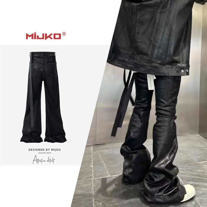 MIJKO men's high street trousers men's and women's same style back ribbon fashionable coated stretch flared skinny jeans