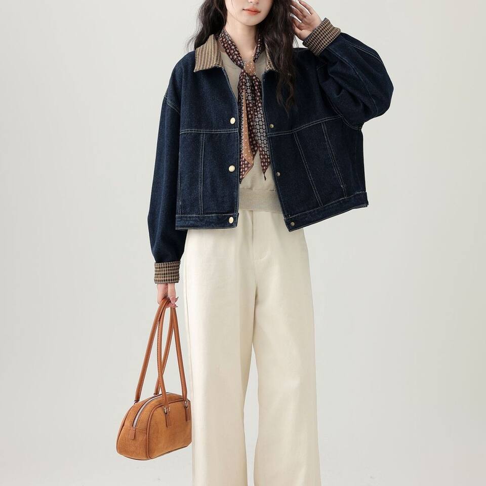 Áo khoác denim nữ ngắn phối caro cổ ve áo tay dài — màu xanh (chất lượng cao) chi tiết 5