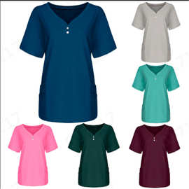 2021欧美女装 亚马逊V领纯色短袖护工制服 跨境衬衫女士上衣
