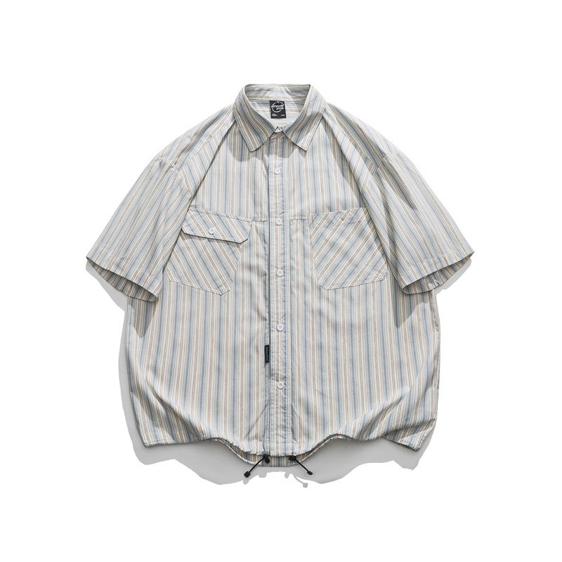 2025 Summer New Hem Drawstring Striped Short-sleeved Shirt Men's Half-sleeved Jacket