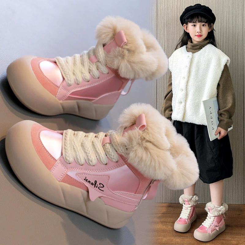 Девушки модные снежные сапоги 2024 зимние женские ножки плюс бархатные толстые короткие сапоги хлопчатобумажные туфли