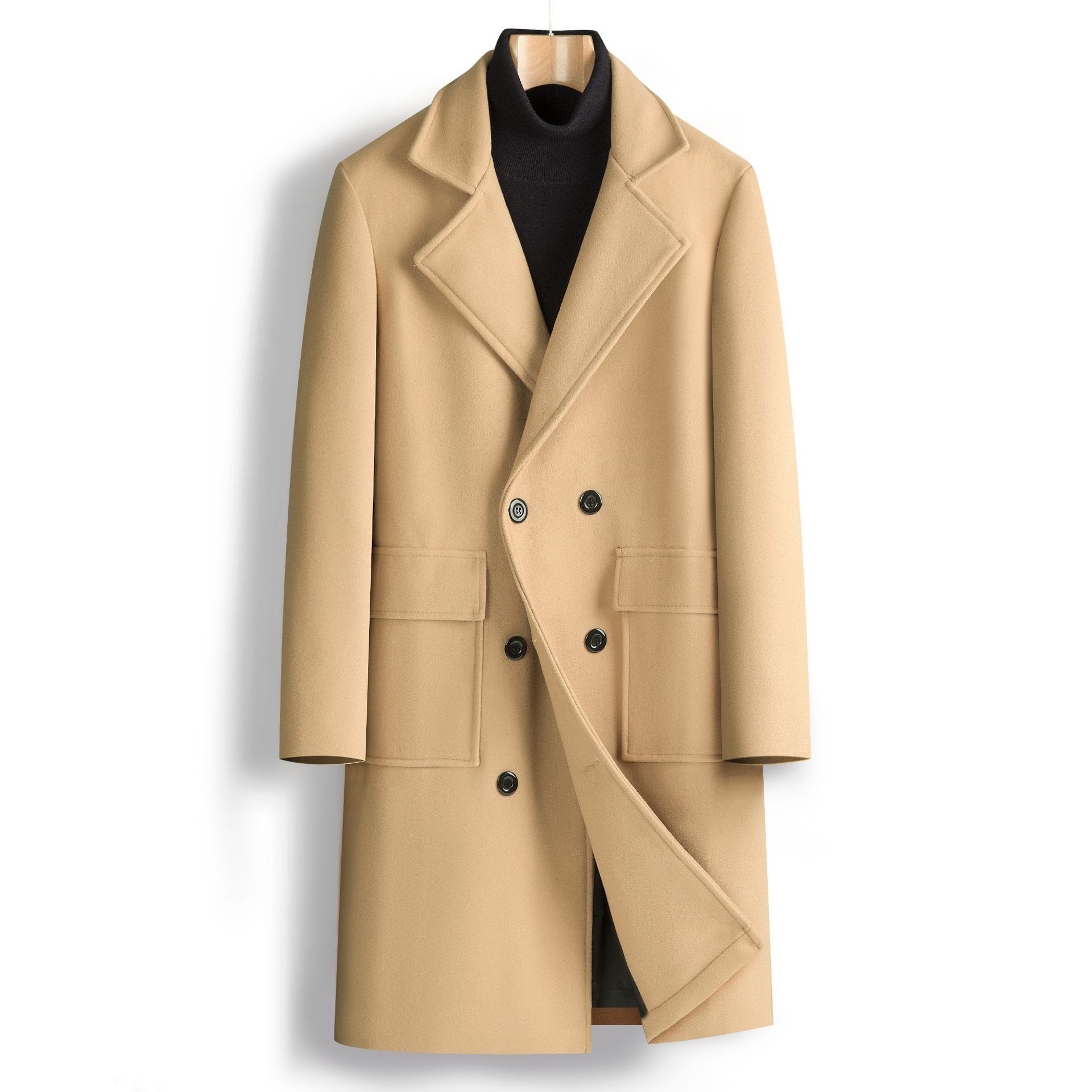 2023 Otoño e Invierno nuevos hombres AliExpress doble botonadura juventud color sólido casual de mediana longitud abrigo de lana de comercio exterior hombres