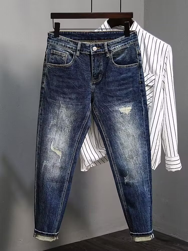 Jeans elasticizzati slim fit da uomo, pantaloni in denim a gamba dritta, tasche multiple, comodi pantaloni a vita media per abbigliamento casual (blu, taglia 28-36)_voghion.com
