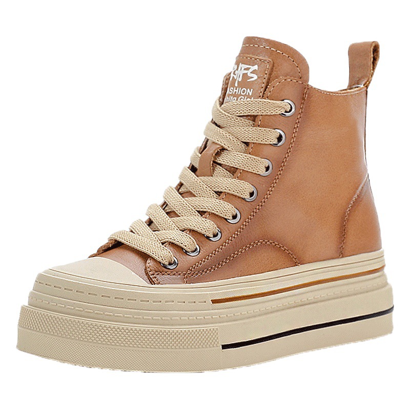 Top layer cowhide white shoes women's autumn and winter new thick-soled dad shoes platform cake heel sports leather high-top casual skate shoes