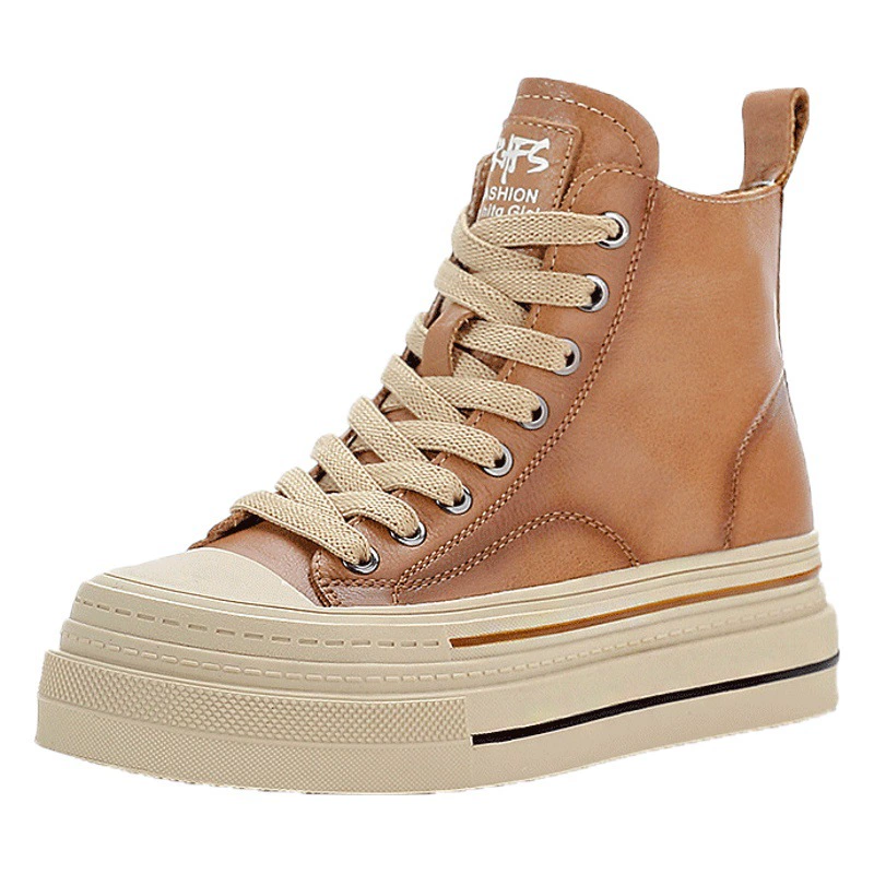 Белые туфли из воловьей кожи с верхним слоем, женские осенне-зимние новые винтажные туфли на толстой подошве, спортивные кожаные высокие повседневные туфли для скейтбординга на платформе