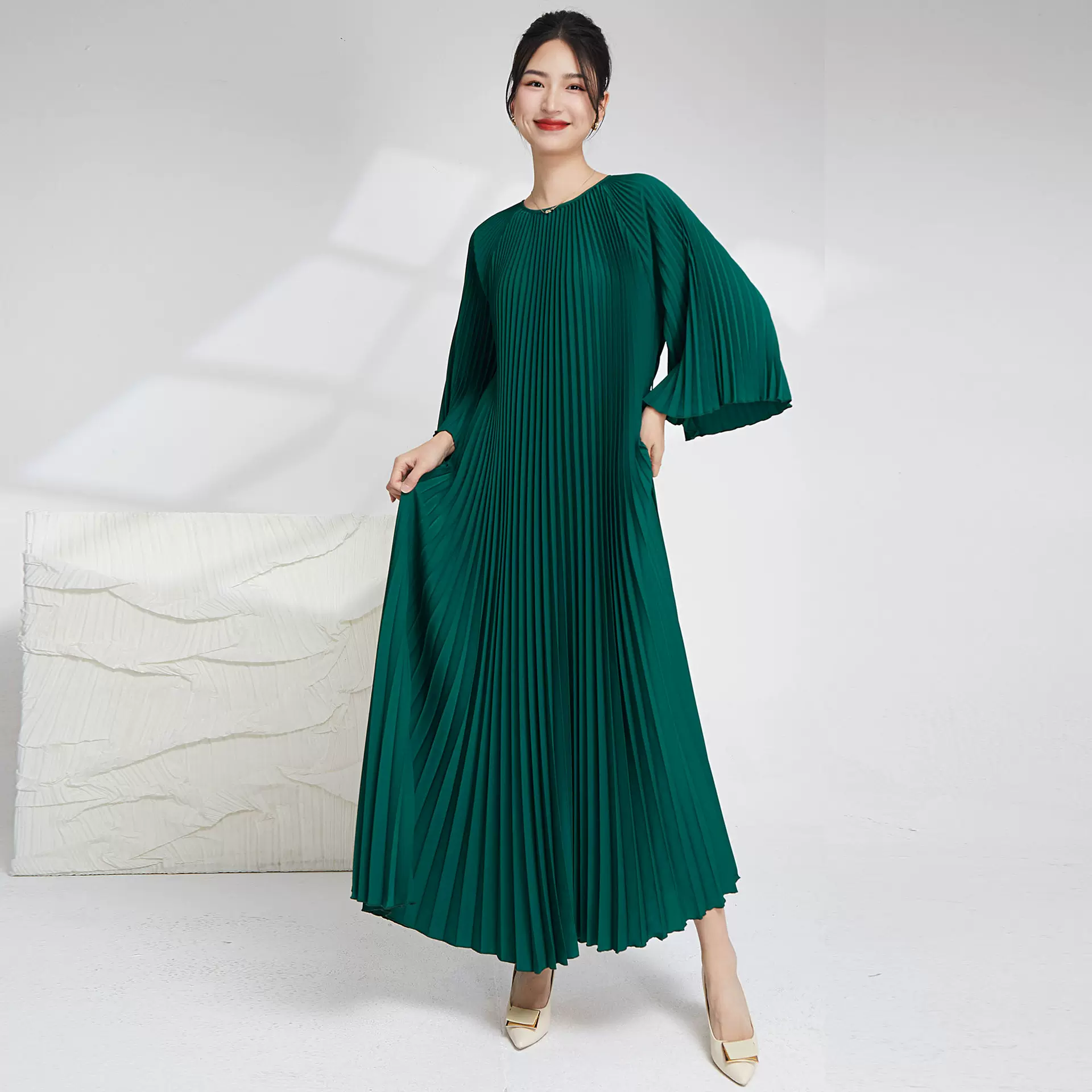 欧美外贸女装高贵轻奢礼服夏新款三宅气质宽松系带褶皱长款连衣裙