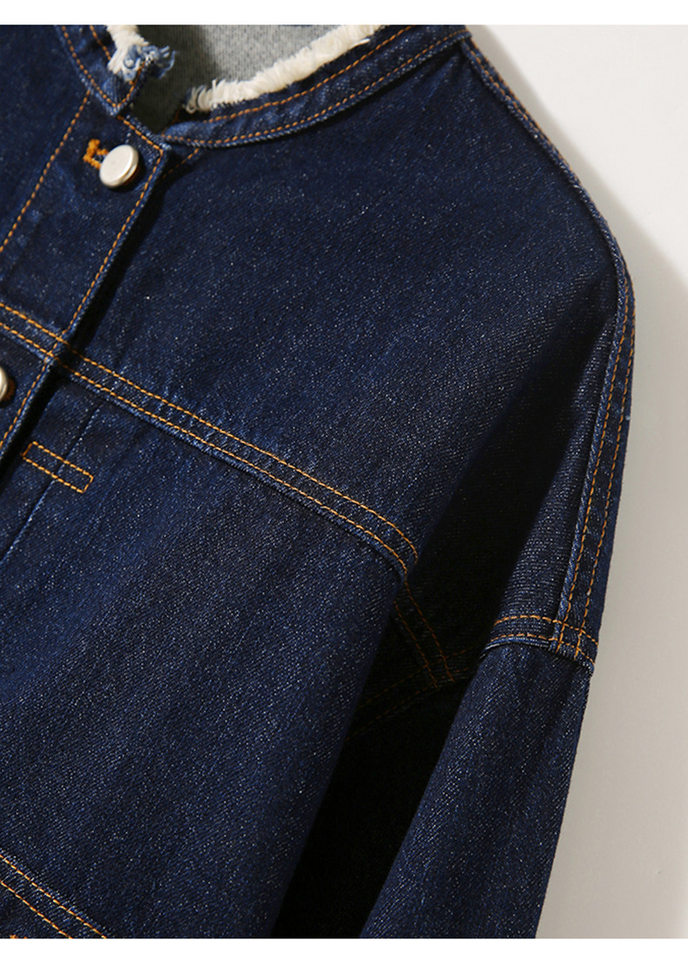 Áo khoác denim nữ cổ tròn tay dài màu xanh đậm phong cách vintage tôn dáng — Màu xanh đậm chi tiết 12