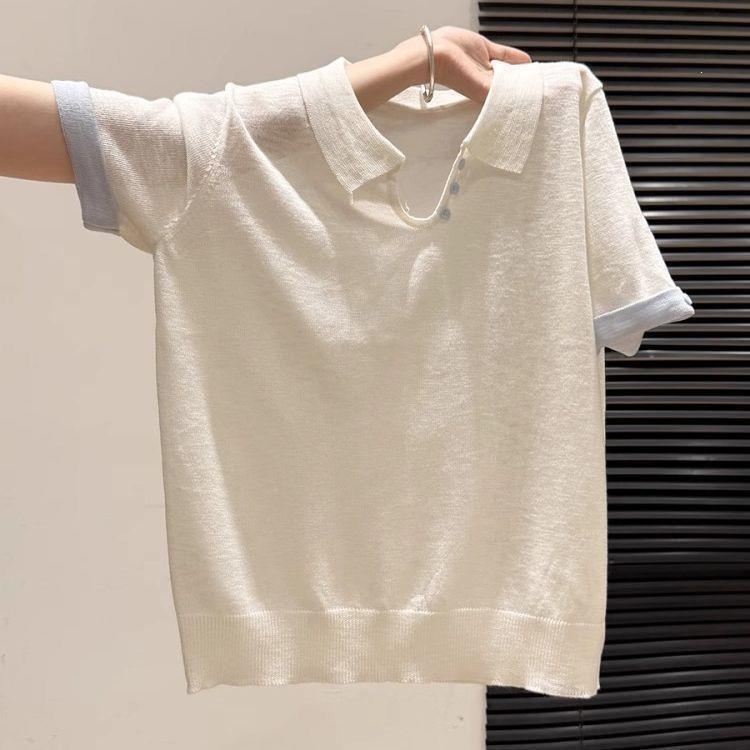 Plus-Size Casual Polo Short-Sleeve Knit Shirt, New Summer Design with Contrasting Color Buttons, Black and Beige