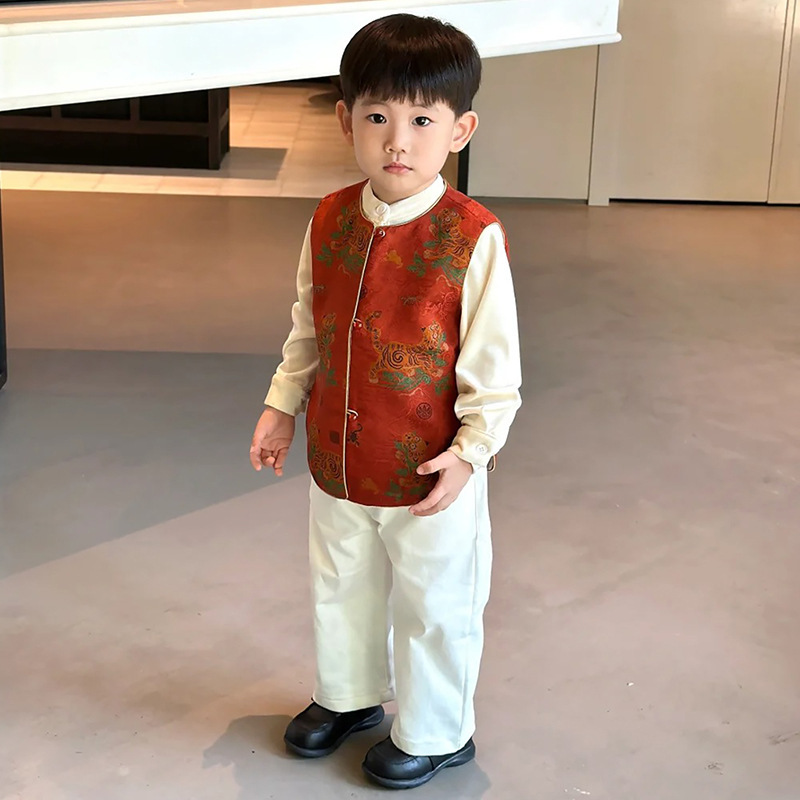 男童新中式古风马甲套装2025春秋中小童长袖衬衫休闲裤子三件套潮|undefined