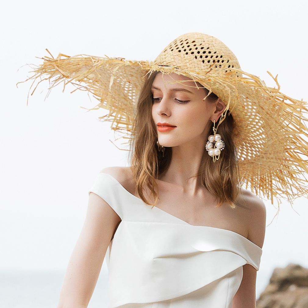 Women's Large Brim Straw Beach Hat Spring Summer Sun Protection Frayed Raffia Material Best Selling Outdoor Cap_voghion.com