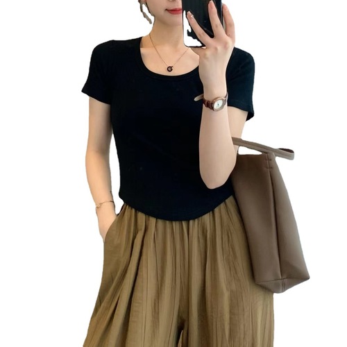 260g thread cotton summer basic versatile plus-size short-sleeved T-shirt with half-knuckle curved hem for women