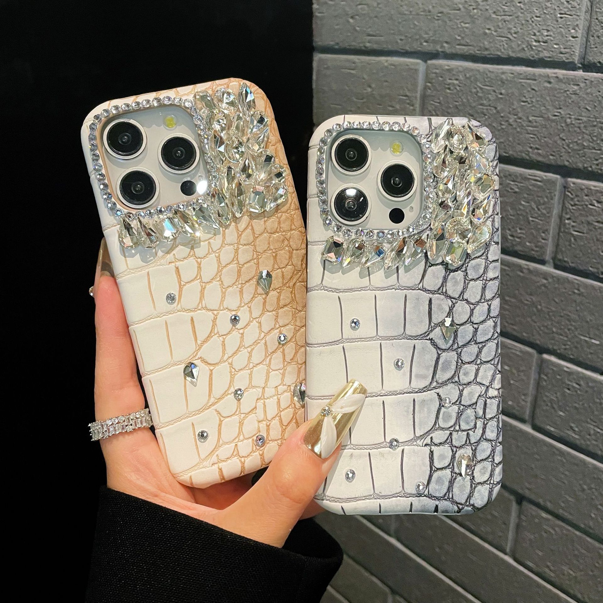 Ốp lưng điện thoại nửa cứng vân cá sấu pha lê lấp lánh cho iPhone 7-15 — Màu xanh quân đội kim cương lấp lánh, Hoa violet kim cương lấp lánh, Hồng lấp lánh, Xanh denim kim cương lấp lánh chi tiết 3