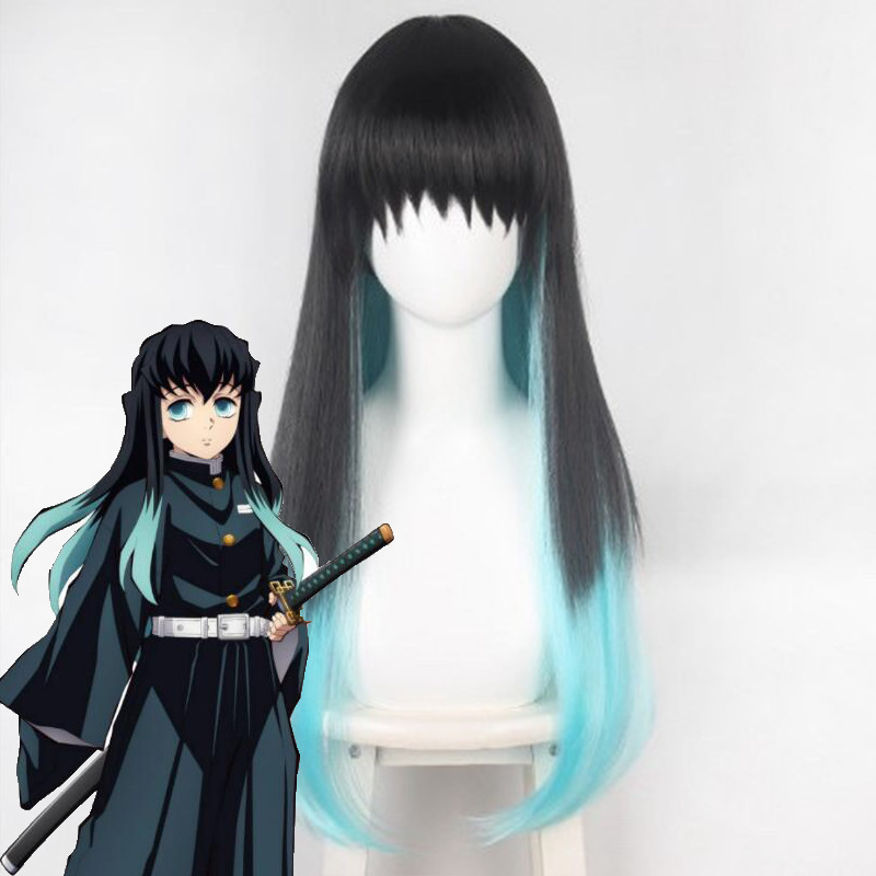 Demon Slayer Kimetsu No Yaiba Tokitoru Muichiro Cosplay Wig Black Gradient Color Mixed Blue Wig Anime Wig