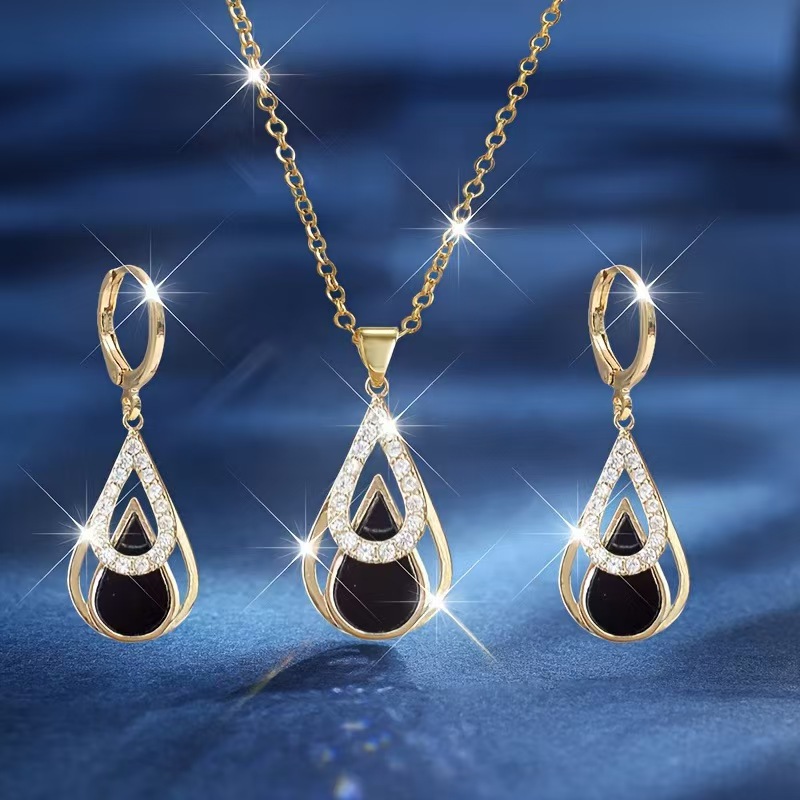 Light Luxury High-End Diamond-Encrusted Earrings, Fashionable Black Water Drop Hollow-Out Double-Layer Simple White Personalized Earrings and Necklace Set