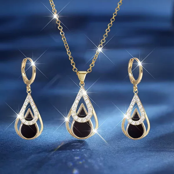 Light Luxury High-End Diamond-Encrusted Earrings, Fashionable Black Water Drop Hollow-Out Double-Layer Simple White Personalized Earrings and Necklace Set