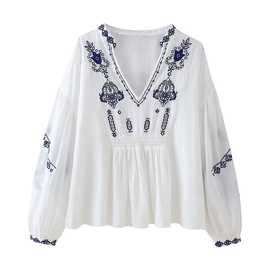 批发2024春亮片刺绣女式民族风衬衫衬衣上衣CC4-1548图片色欧美棉