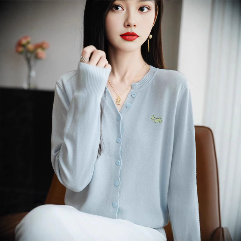 Fine Wool Scissor Collar Embroidered Knitted Cardigan 2025 Spring & Fall New Women's Loose Slimming Look Long-Sleeved Top