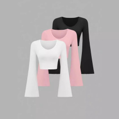 アマゾン速売欧米2024新商品ファッション純色大丸襟ラッパ袖ショートスリムtシャツ