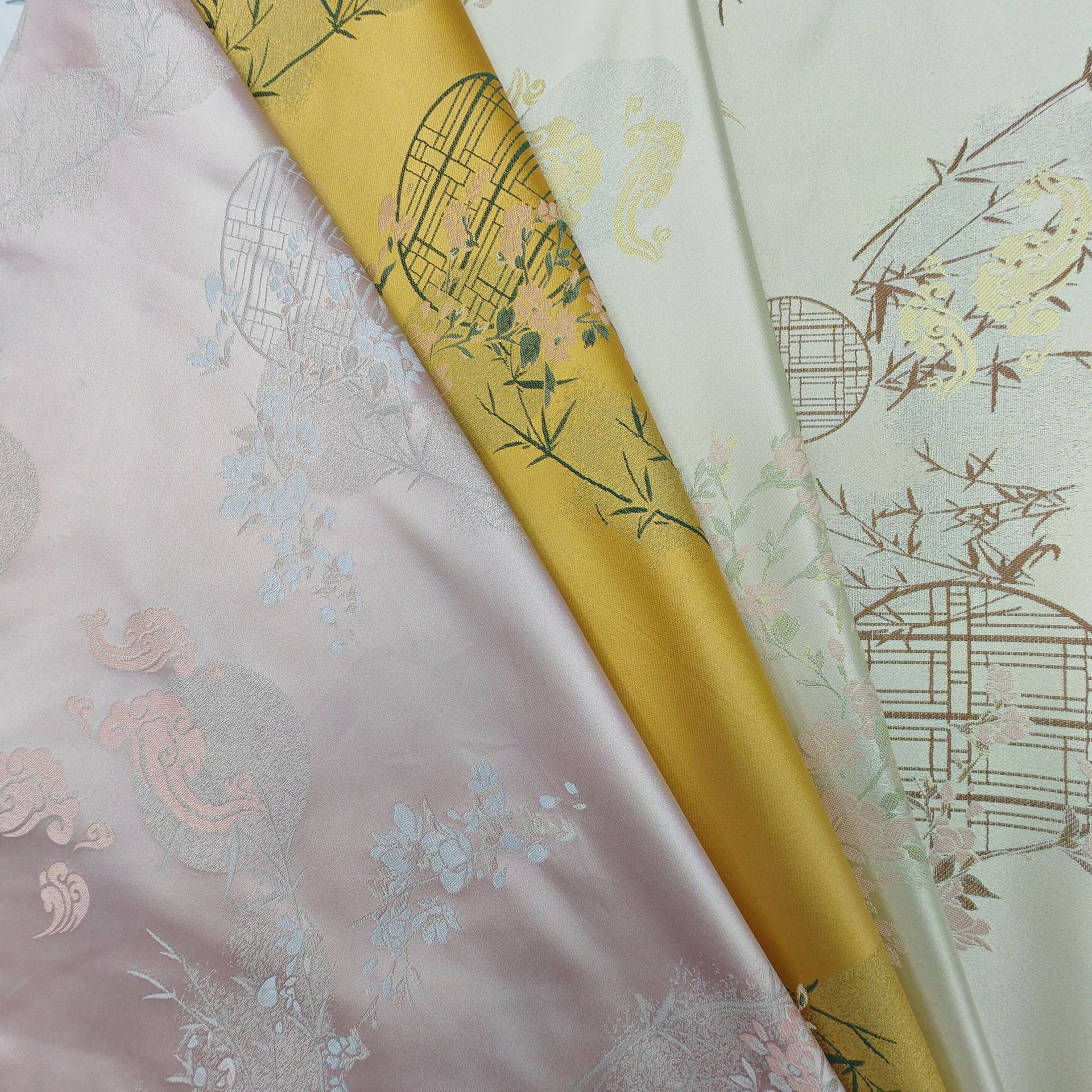 厂家直销新中式国风宋锦圆窗竹叶祥云色织提花面料柔软轻盈布料