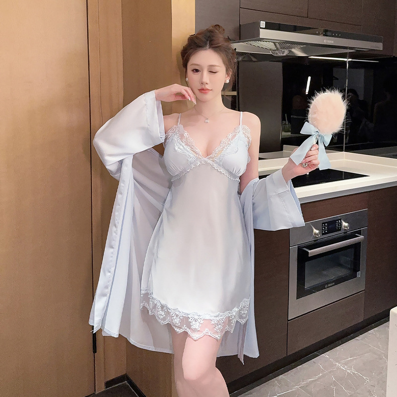 パジャマの女性の夏の氷の糸の薄いタイプのセクシーなレースのガーターの睡眠のスカートのパジャマのスーツは春と秋の家庭服を着ることができます。|undefined