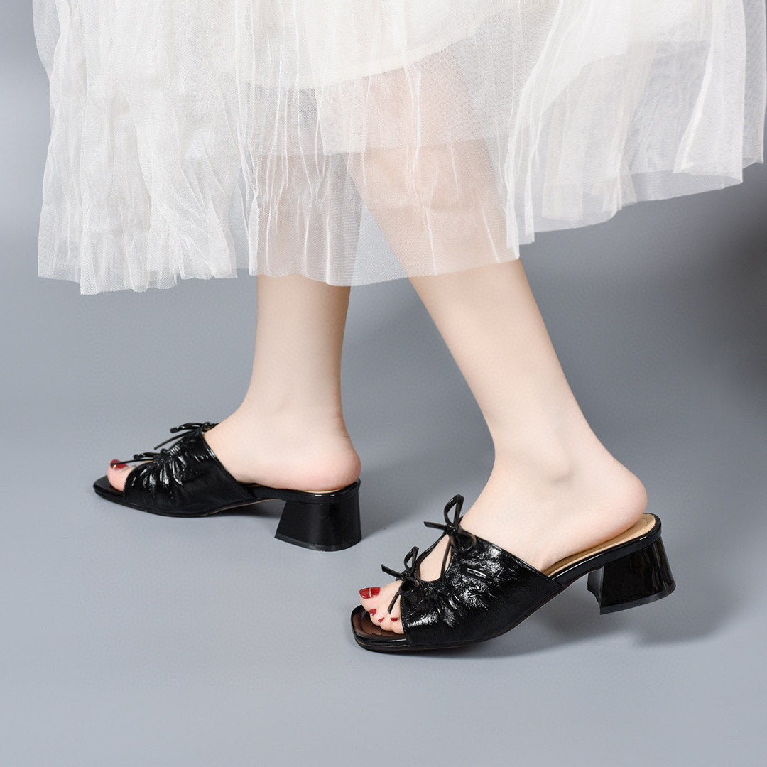 Dép sandal nữ quai ngang da thật mũi vuông đế xuồng gót thấp — đen chi tiết 7