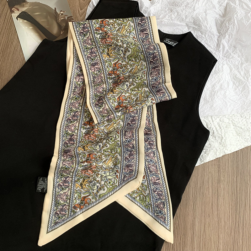 Primavera y otoño bufanda de seda coreana cinturón para el cabello bufanda larga de moda de doble capa para mujer bufanda de piel de seda de imitación bufanda de cuello fino bufanda profesional de todo fósforo