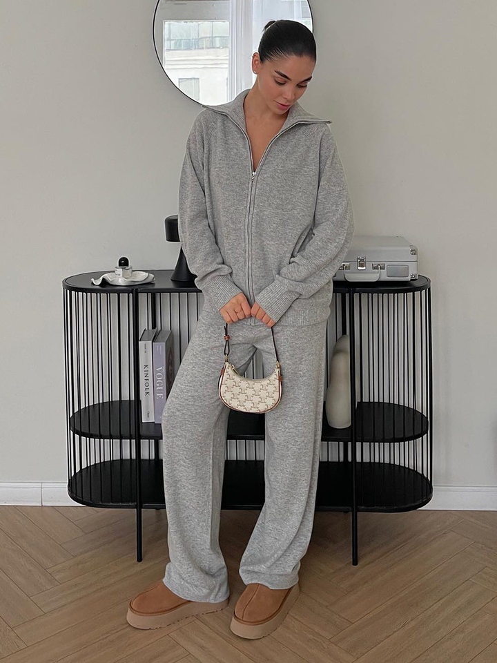 Bộ áo cardigan dệt kim khóa kéo phối quần dài ống rộng nữ — màu bột yến mạch, màu nâu, màu xám, trắng chi tiết 34