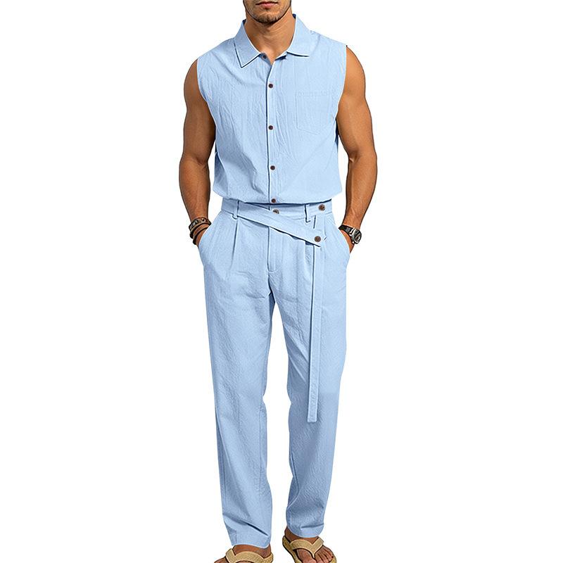 Men's Linen Blend Short Sleeve Shirt And Pants Set Breathable Casual Summer Outfit Comfortable Relaxed Fit_viptrois.com