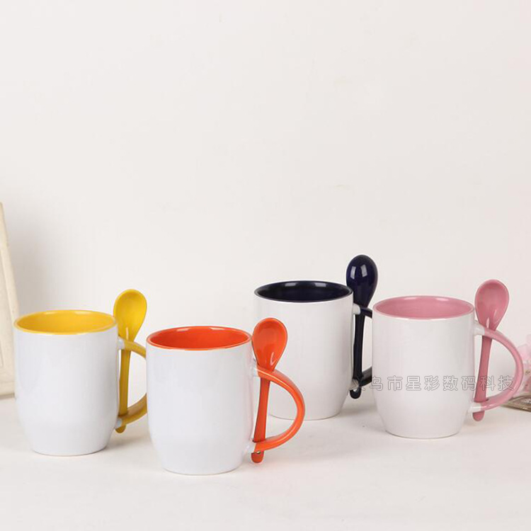 Taza de inserción de transferencia térmica cuchara interior color blanco taza con cuchara taza de impresión LOGOTIPO de publicidad taza recubierta taza personalizada taza de imagen de bricolaje