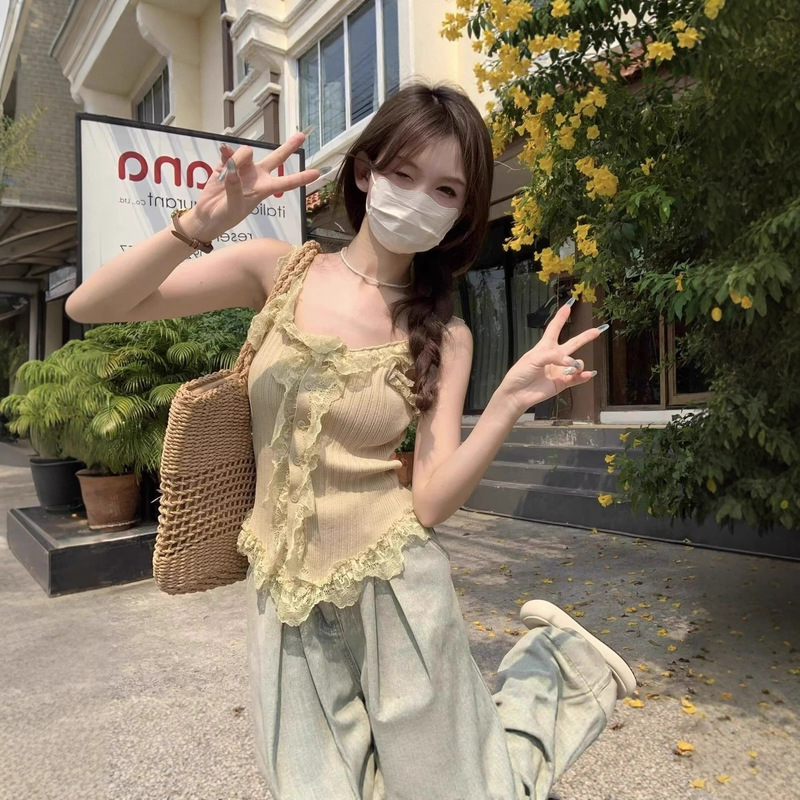 Mint Mambo Green Lace Knitted Camisole Women's Summer Design Sleeveless Beautiful Outerwear Slim Top