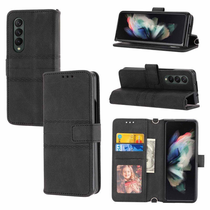 For Samsung Z Fold3 Phone Case Fold4 Flip Leather Case Fold5 Wallet Card Protection Case W22 Embossed