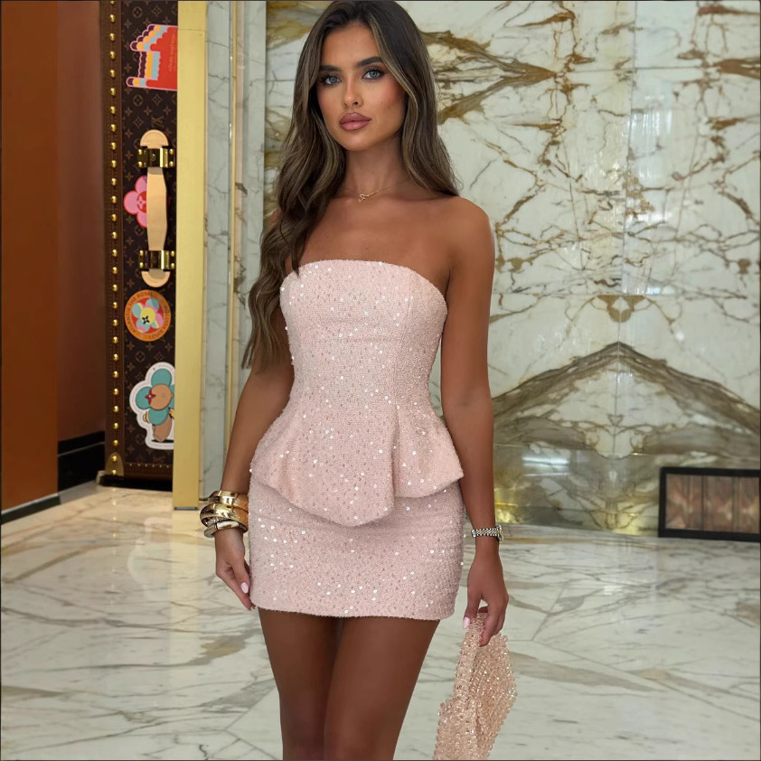 European and American Style Tube Top Suit, Sequined Tube Top Skirt, Slimming Lady Suit, Cross-Border Exquisite Commuter Women's Clothing