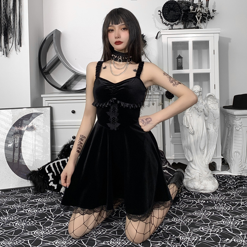 Gothic Style Suede Lace Suspender Dress NSGYB111782