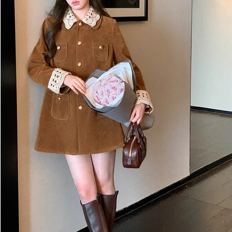 2025秋季MIU系复古翻领中长款麂皮/丝绒外套工装风衣女美拉德穿搭|undefined