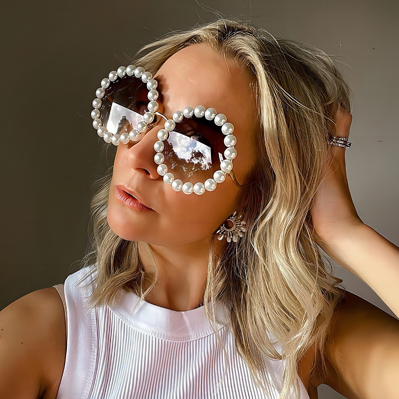 Rihanna Same Style Glasses Pearl Metal Round Frame Sunglasses Instagram Style Fashionable Wave-Shaped Internet Celebrity Sunglasses for Women