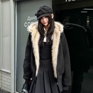 可爱兔耳连帽棉服女2026新款冬季加绒加厚麂皮夹棉座山雕外套黑色