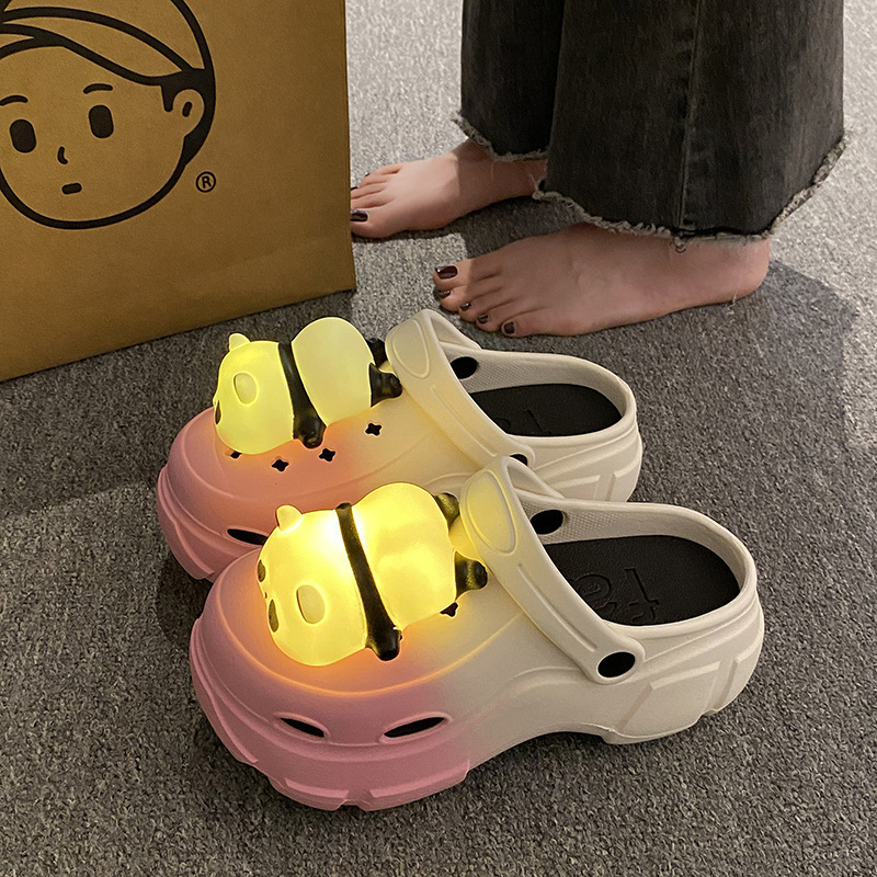 Cartoon Panda Luminous Croc Shoes Women's 2024 New Outerwear Summer Platform Sole Heightening Student Baotou Sandals