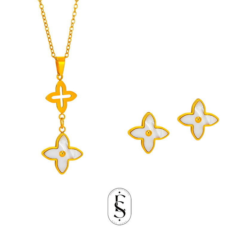 Cross-Border Hot-Selling Shell Vintage Necklace, Bracelet, and Earring Set for Women, 18K Gold-Plated Stainless Steel Material, Wholesale from Manufacturer