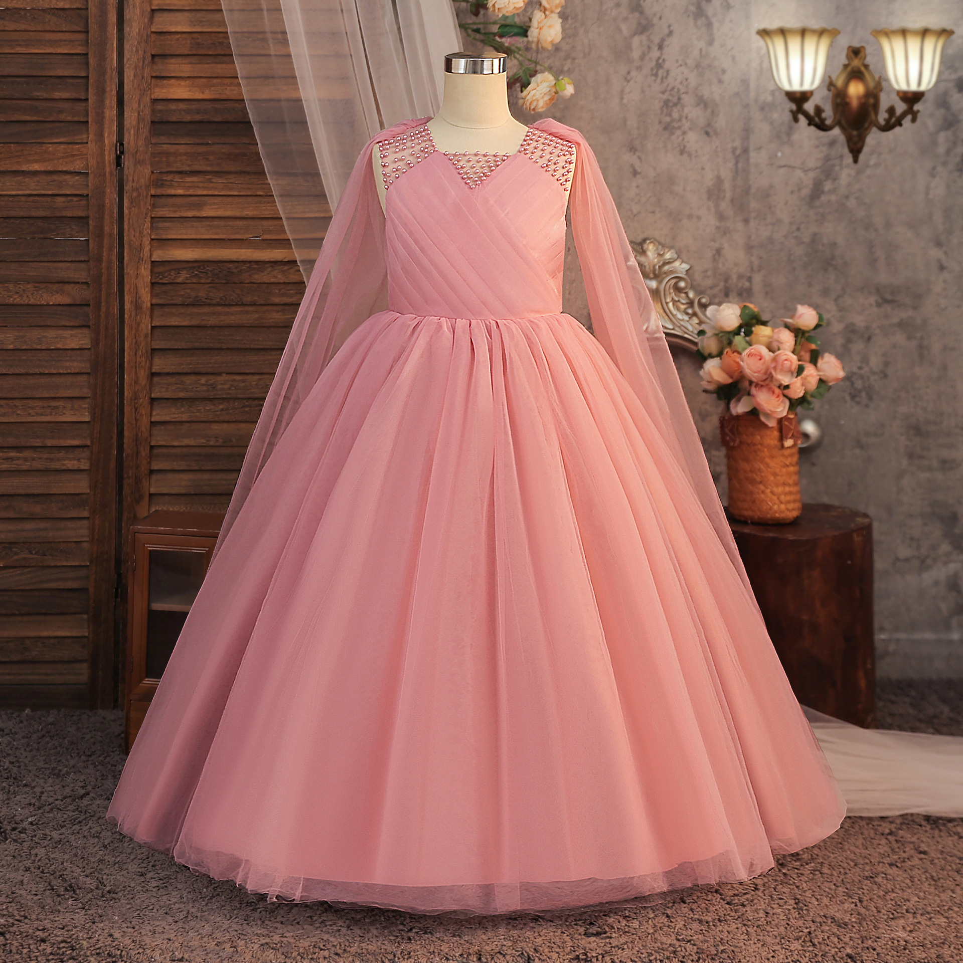 Amazon nuevas niñas con cuentas de clavos de encaje princesa falda de malla de abrigo vestido vestido vestido de niños