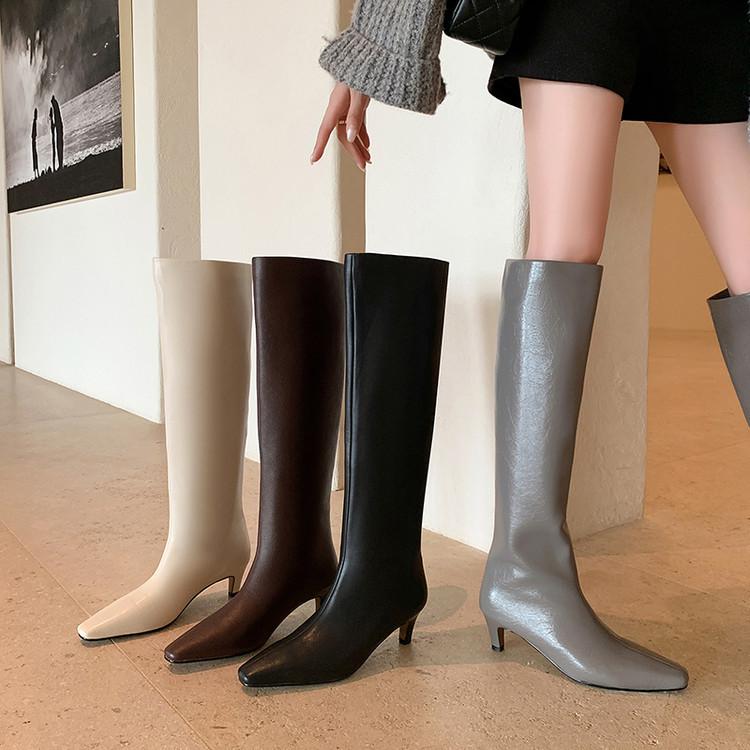 Modify Leg Shape ~ Genuine Leather French Square Toe High-Heeled Straight Knight Boots Slimming Look and Versatile Knee-High Pure Color Boots for Women