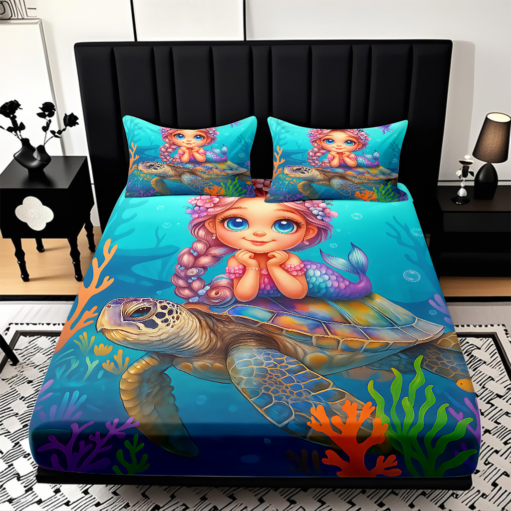JIT modo Temu 3D impresión de caricatura sirena cama textil casera camisa ropa de cama tres piezas set transfronterizo mayorista