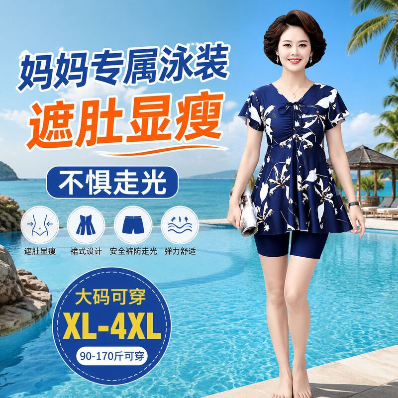 Mom's Swimwear for Middle-Aged and Elderly Women, Plus-Size One-Piece Skirt-Style Swimsuit That Covers the Belly and Looks Slimming, Hot Spring Swimwear, Wholesale from Manufacturer
