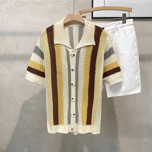 Men's Vintage Light Mature Vacation Style Dopamine Striped Loose Casual T-shirt with Lattice Knit