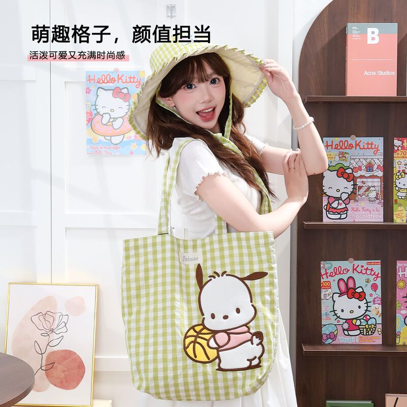 三丽鸥正版授权凯蒂猫美乐蒂单肩包购物袋可爱少女心大容量格子萌|undefined