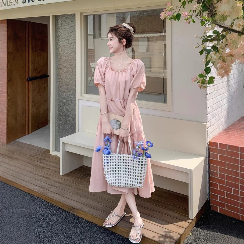 Pink Square Neck Dress for Women Summer 2025 New Style This Year's Popular Hot Style Slightly Fat Loose Sweet Age-Reducing Long Skirt