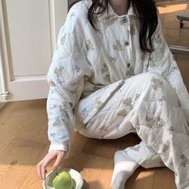 韩国ins冬季蝴蝶结小熊三层绗棉宽松大版家居服睡衣套装